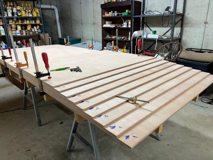 Setting up a stack of plywood for stair step scarfing